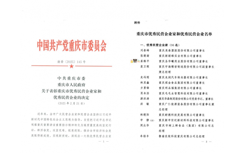 重庆圣华曦药业股份有限公司董事长姜维平先生荣获“重庆市优秀民营企业家”称号！